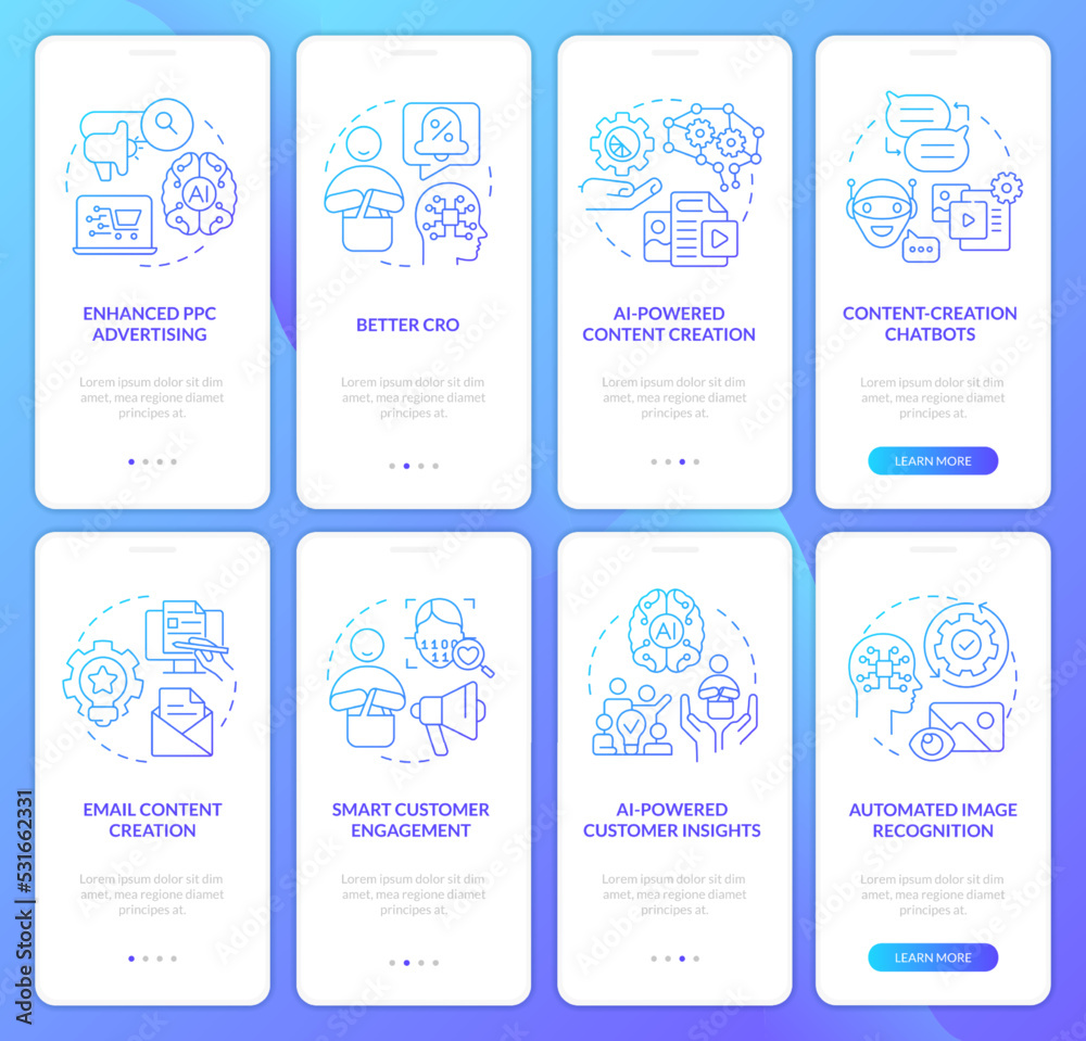 Ai integration in marketing blue gradient onboarding mobile app screen set. Walkthrough 4 steps graphic instructions with linear concepts. UI, UX, GUI template. Myriad Pro-Bold, Regular fonts used