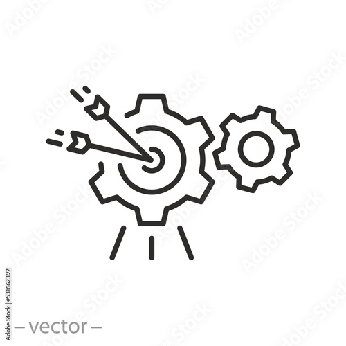 business target icon, goal success teamwork, archery in gears, thin line symbol on white background - editable stroke vector illustration