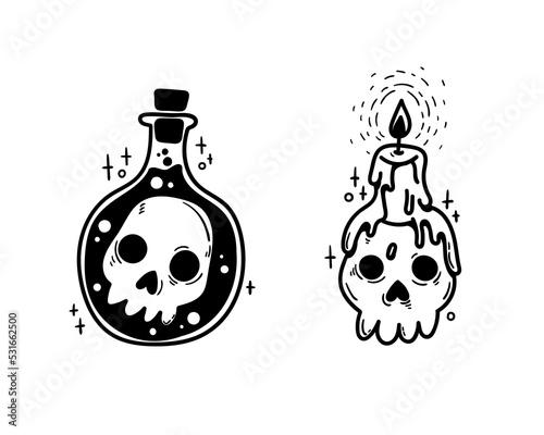 Vector hand-drawn illustration. Set of isolated clipart of cartoon black and white skulls: a candlestick-skull, a skull in a flask.