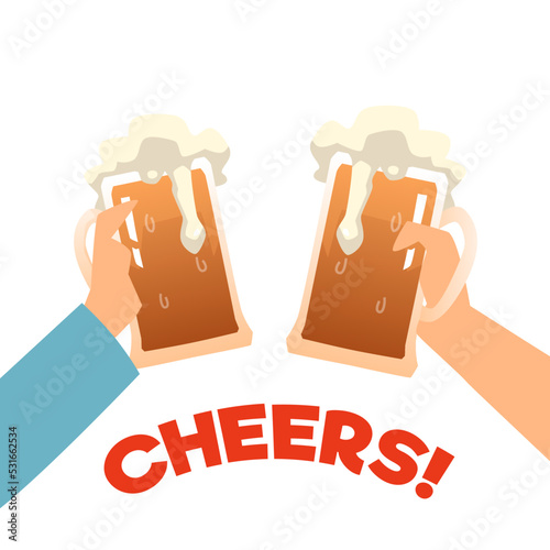 Human hands holding mugs with beer flat style, vector illustration