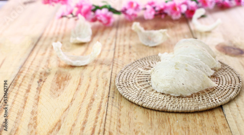 Anti aging Chinese medicine -  Group of edible bird nest - Swallow or swiftlet nest for luxury and healthy cuisine arrange on wicker.