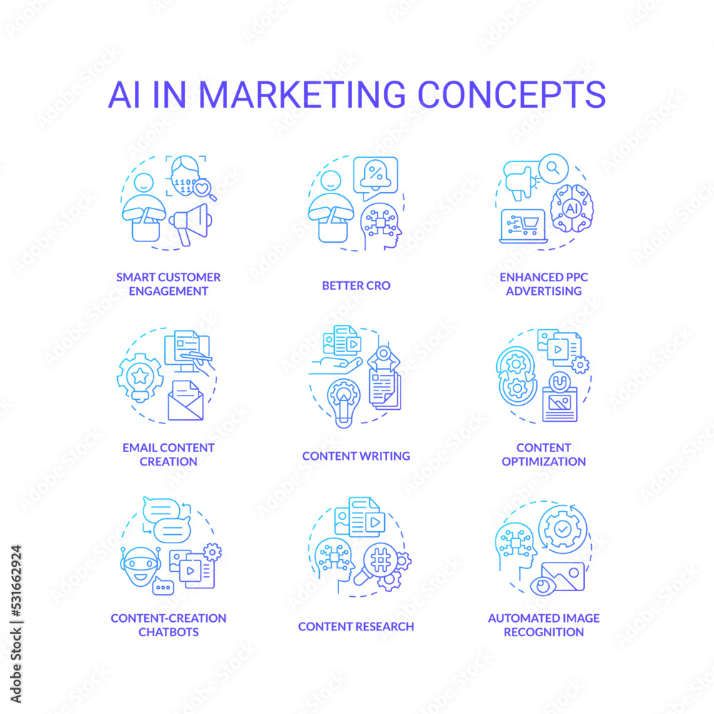AI in marketing blue gradient concept icons set. Digital technology for business. Innovations idea thin line color illustrations. Isolated symbols. Roboto-Medium, Myriad Pro-Bold fonts used AI in marketing blue gradient concept icons set. Digital technology for business. Innovations idea thin line color illustrations. Isolated symbols. Roboto-Medium, Myriad Pro-Bold fonts used