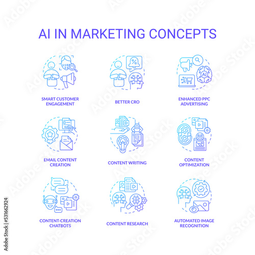 AI in marketing blue gradient concept icons set. Digital technology for business. Innovations idea thin line color illustrations. Isolated symbols. Roboto-Medium, Myriad Pro-Bold fonts used