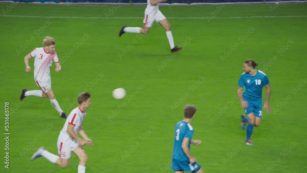 Soccer Football Match Championship: White Team Players with Attacker Striker Leading and Missing the Goals. Sport Channel Broadcast Television Broadcast, Tracking Playback in Slow Motion Soccer Football Match Championship: White Team Players with Attacker Striker Leading and Missing the Goals. Sport Channel Broadcast Television Broadcast, Tracking Playback in Slow Motion
