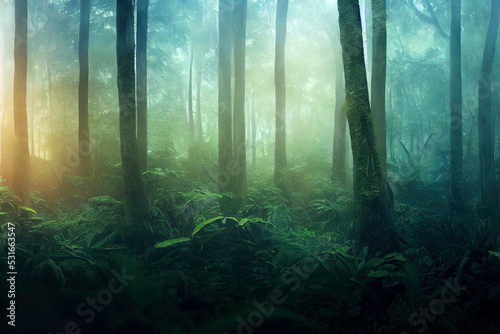 Spooky foggy rainforest jungle environment wallpaper © Robert Kneschke