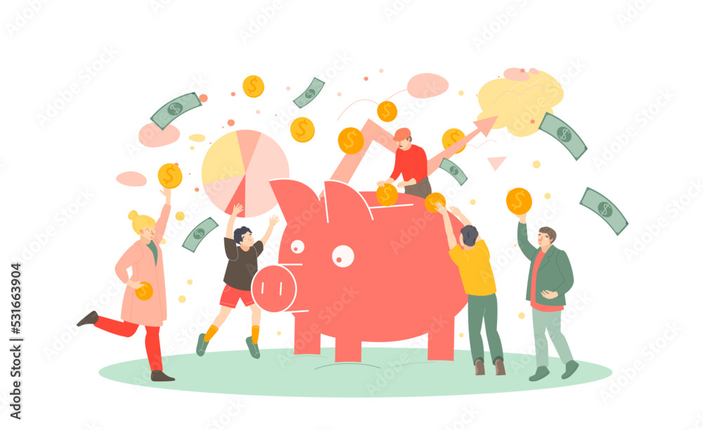 Large piggy bank with people collecting golden coins. Flat cartoon illustration