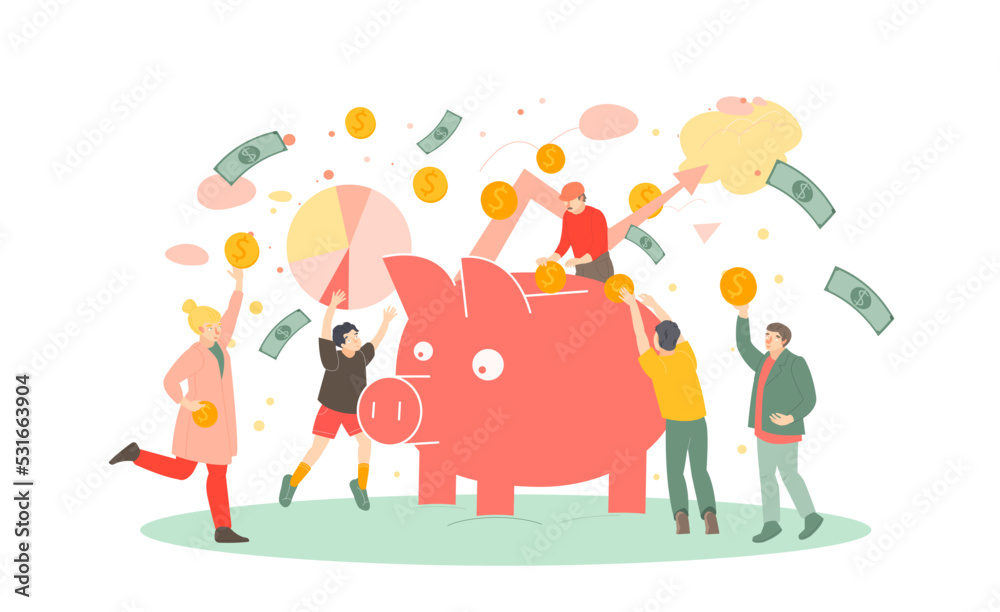 Naklejka premium Large piggy bank with people collecting golden coins. Flat cartoon illustration
