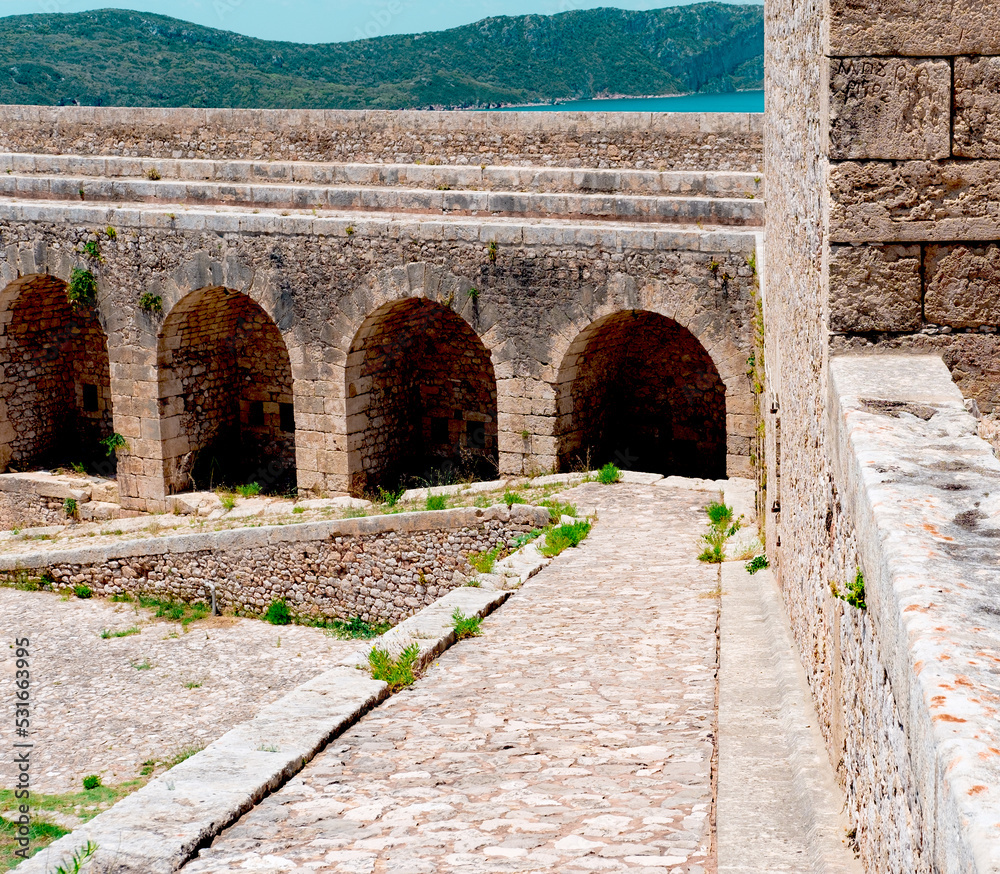 New Navarino fortress inner yard, archs in castle stone walls