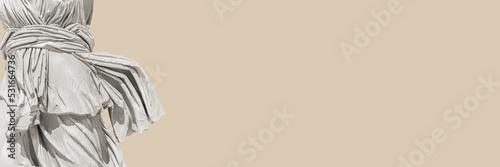 Woman torso in ancient classical dressing, wavig drapery. Fragment of Romen marble statue. Banner, close up fragment, isolated, sepia, solid color background. Fashion, design or art history concept