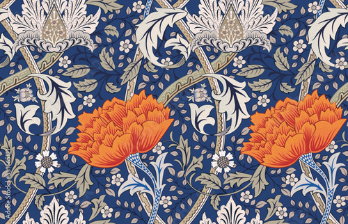 Floral seamless pattern with big red flowers on dark blue background. Vector illustration.