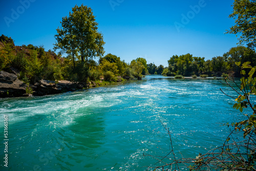 Beautiful natural landmark of manavgat waterfall with waterfall lake landscape near Manavgat city, Turkey