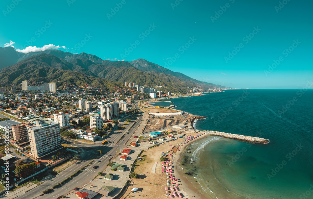 Aerial view of the coastline highway in Los Corales, Caraballeda, Venezuela.  Drone view of La Guaira coast Photos | Adobe Stock