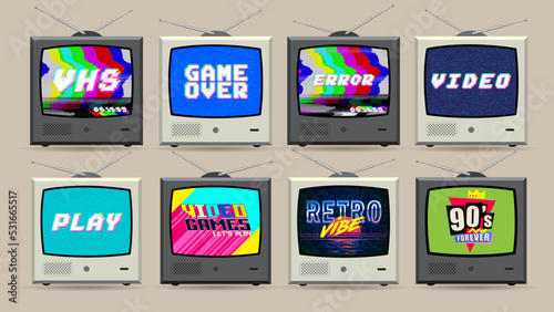 Tv screens. 90s and 80s poster. Nineties forever. Retro style textures television glitch interference.  Aesthetic TV background eighties graphic. Music video template. Vintage vector poster, banner.