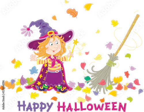 Happy little Halloween witch showing tricks with her magical broom sweeping fallen colorful leaves  vector cartoon greeting card