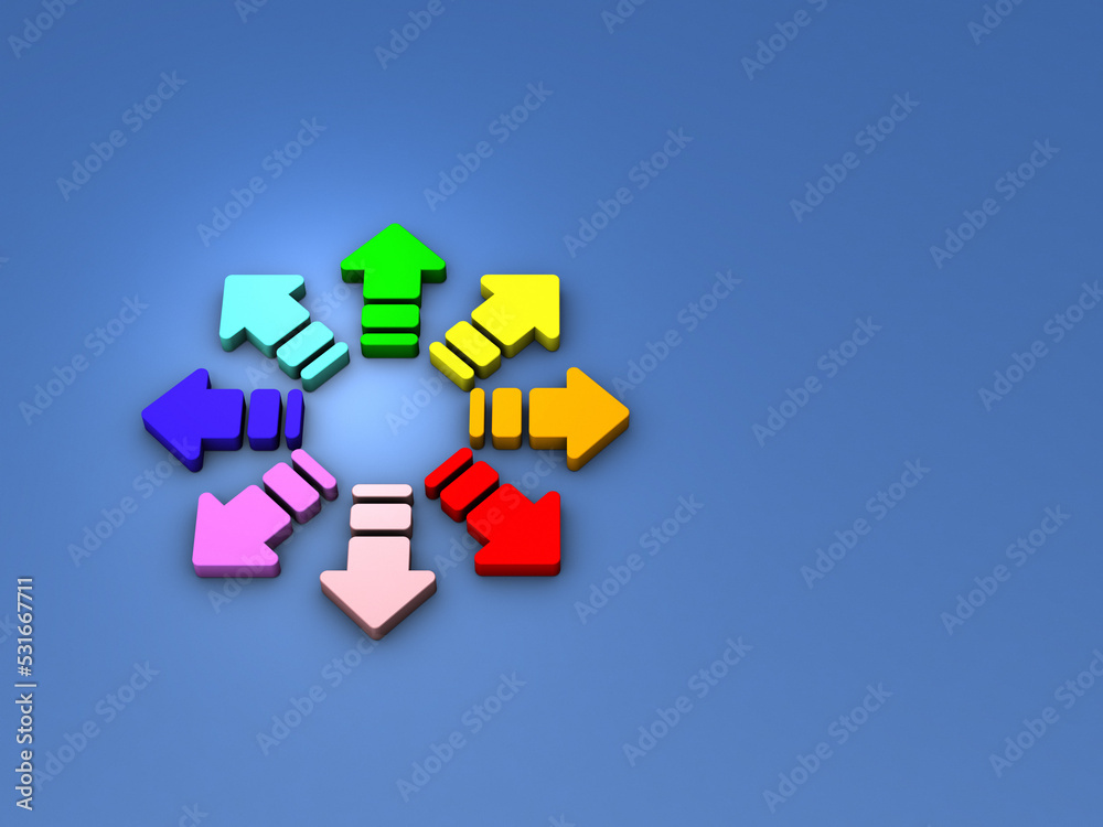 Obraz premium 色々な方向を示すカラフルな矢印。自由を表す抽象的なコンセプト。