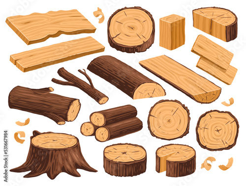 Natural timber, lumber industry, woodworking set. Carpentry materials, wood vector. Tree trunk, stump and planks