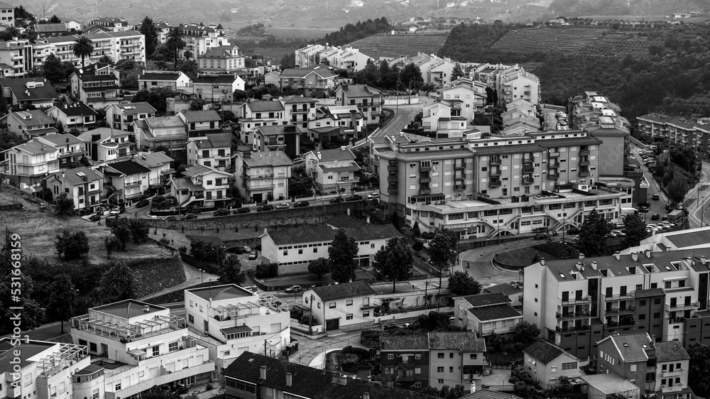 Top view of the roofs in Lamego, northern Portugal. Black and white photo.
