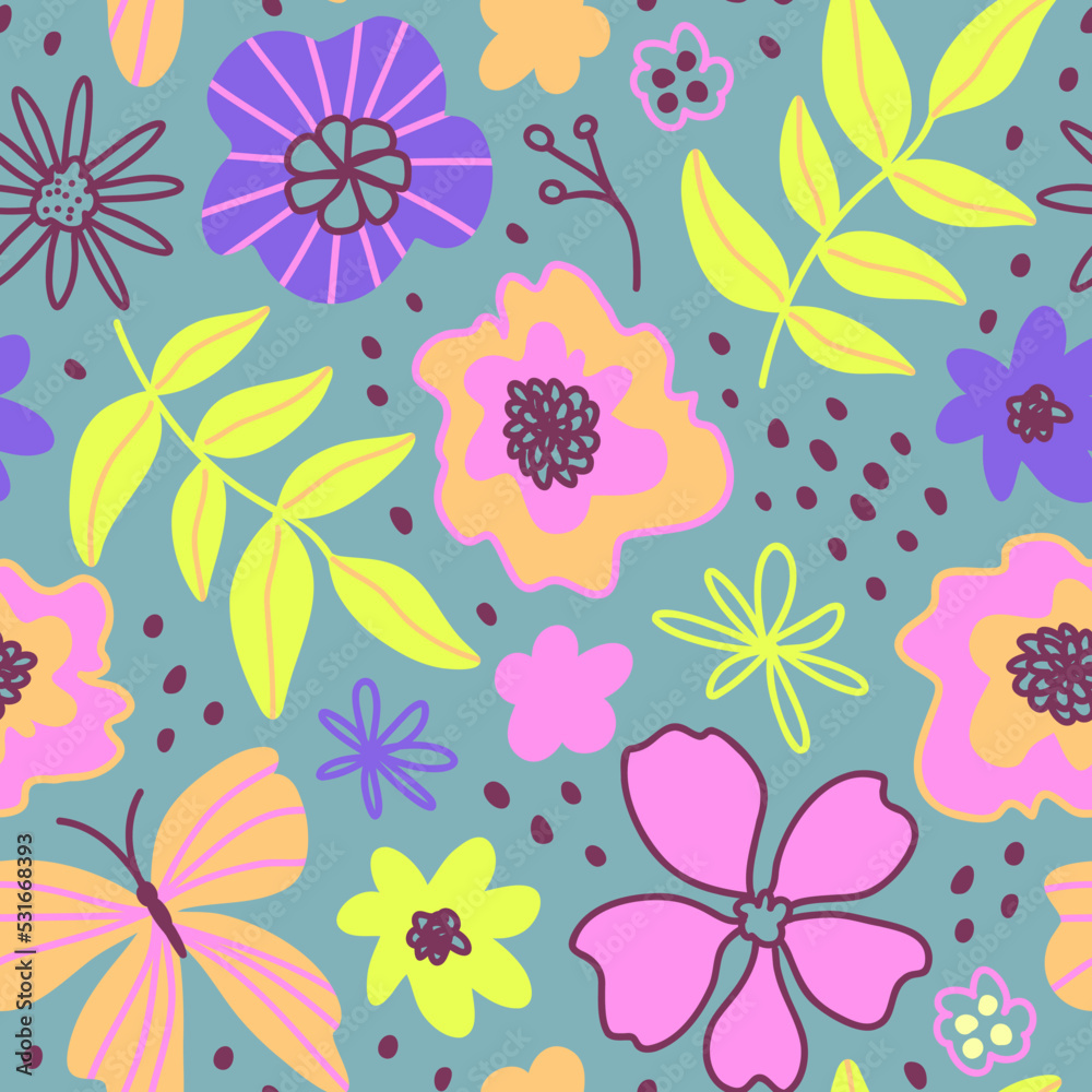 Floral seamless pattern. Flowers, leaves, butterflies. Vector background. Modern flat style, memphis cute design. Hand drawn illustration. Texture for print, fabric, textile, wallpaper.