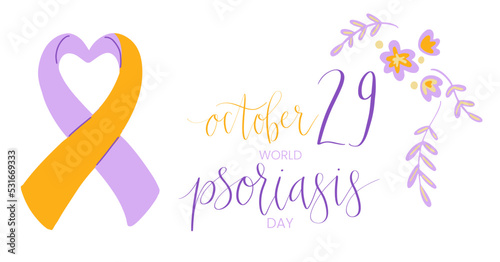 World Psoriasis Day October 29 handwritten lettering. Purple and orange support ribbon. Web banner vector template