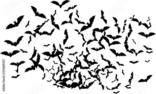 Bat swarm. Flying bat silhouette. Halloween Decoration element.