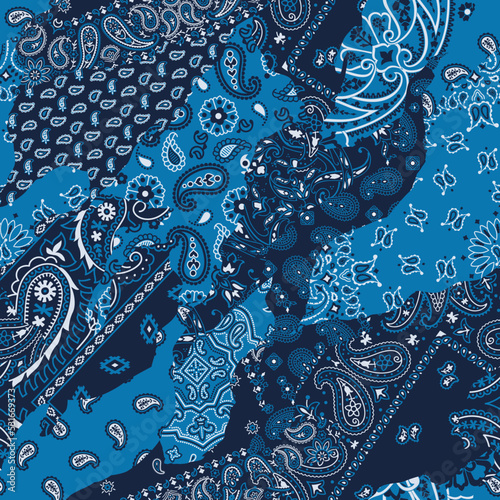 Blue paisley bandana fabric patchwork abstract vector seamless pattern