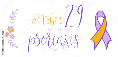 World Psoriasis Day October 29 handwritten lettering. Purple and orange support ribbon. Web banner vector template