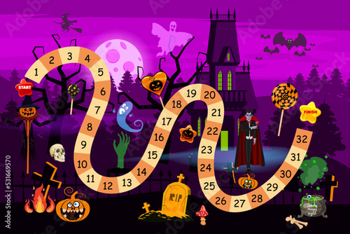 Halloween Game board with characters and candy. Kids step boardgame