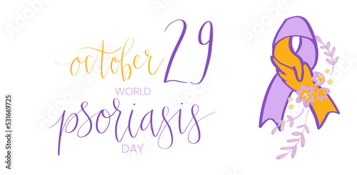 World Psoriasis Day October 29 handwritten lettering. Purple and orange support ribbon. Web banner vector template
