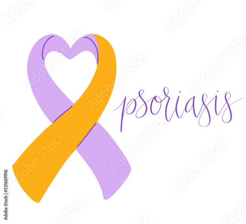 World Psoriasis Day October 29 handwritten lettering. Purple and orange support ribbon. Web banner vector template