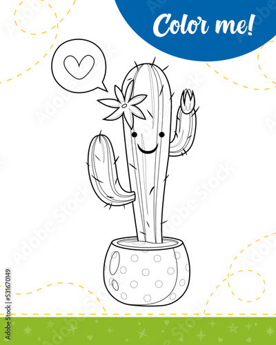 Coloring page for kids with funny cute cactus.
A printable worksheet, vector illustration.