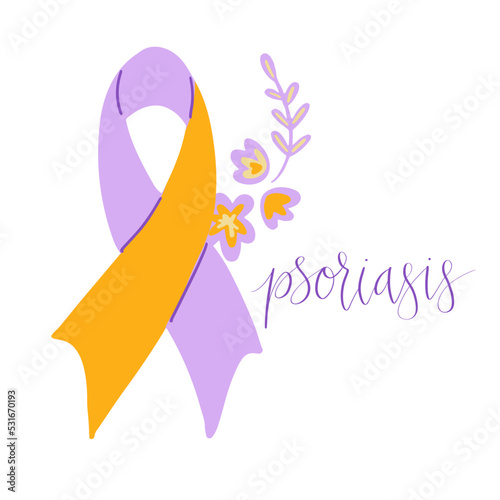 World Psoriasis Day October 29 handwritten lettering. Purple and orange support ribbon. Web banner vector template