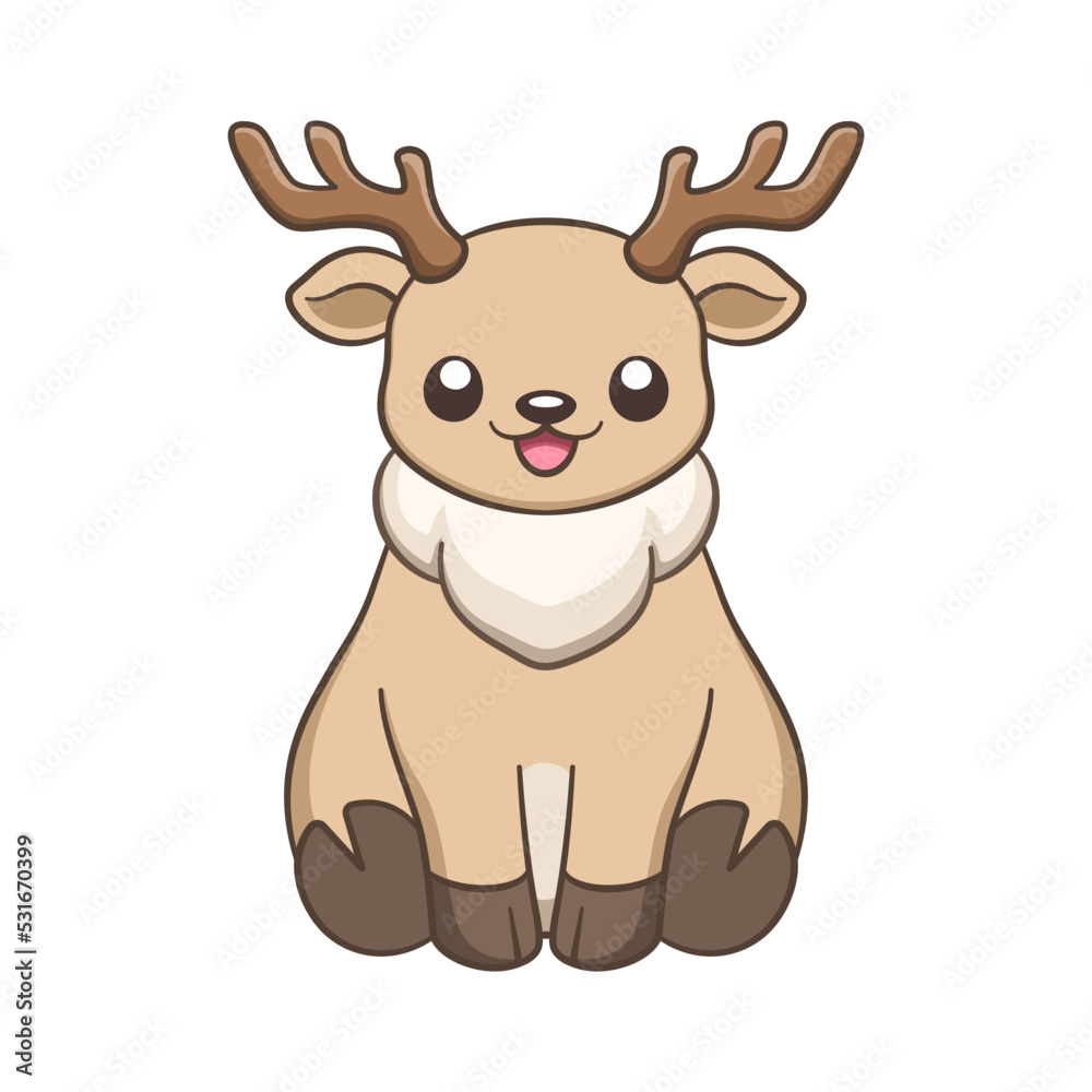 Fototapeta premium Cute happy chibi style sitting reindeer with antlers cartoon animal illustration. Winter wildlife Christmas theme clip art.