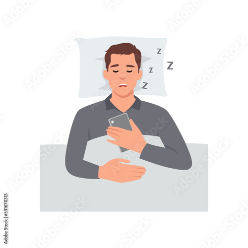 Young man Snoring lying in the bed, snores loudly with open mouth while deep sleep holding phone. Catching some zzz's. Sleep apnea, snoring. Flat vector illustration isolated on background