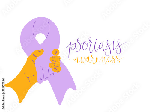 World Psoriasis Day October 29 handwritten lettering. Purple and orange support ribbon. Web banner vector template