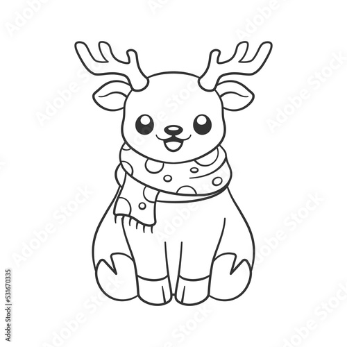 Cute reindeer wearing a polka dot scarf outline doodle cartoon illustration. Winter Christmas theme coloring book page activity for kids and adults.