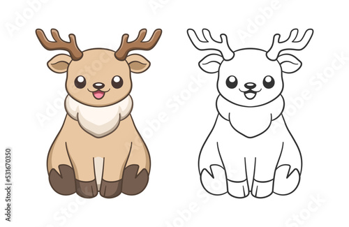 Cute happy chibi style sitting reindeer with antlers animal outline and colored doodle cartoon illustration set. Winter Christmas theme coloring book page activity for kids and adults.
