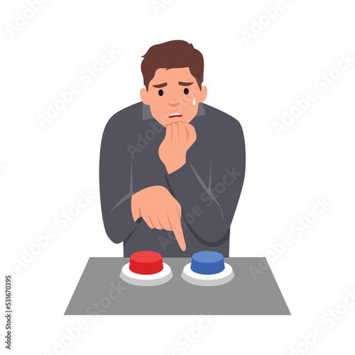 Young man choosing button to push. Concept of difficult choice between two options, alternatives or opportunities, life dilemma, decision making. Flat vector illustration isolated on white background