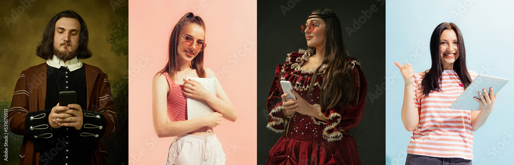 Different people, modern youth and medieval royalty persons in vintage clothing on dark background. Comparison of eras, era of digitization. Collage