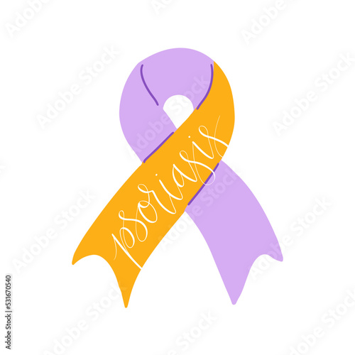 World Psoriasis Day October 29 handwritten lettering. Purple and orange support ribbon. Web banner vector template