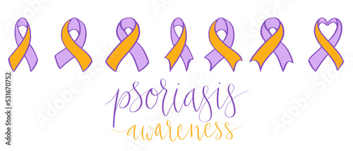 World Psoriasis Day October 29 handwritten lettering. Purple and orange support ribbon. Web banner vector template