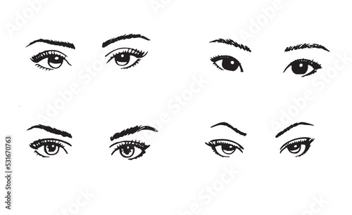 Eyes.Set Digital vector illustration. Different nationalities. Hand drawn monochrome women eyes for fashion cosmetic industry. Beauty studio salon makeup lashes brows tattoo. Face massage eye lifting.
