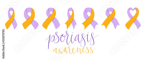 World Psoriasis Day October 29 handwritten lettering. Purple and orange support ribbon. Web banner vector template
