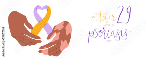 World Psoriasis Day October 29 handwritten lettering. Purple and orange support ribbon. Web banner vector template