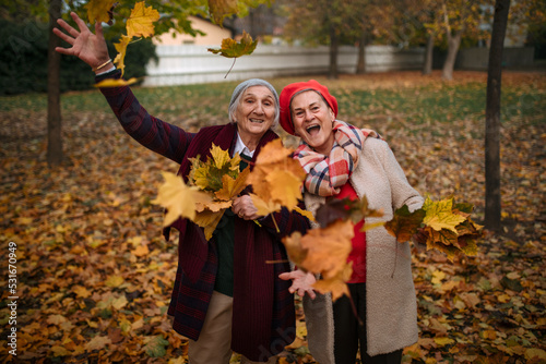 Happy senior female friends on walk outdoors in park in autumn day, having fun and throwing colourful leaves.