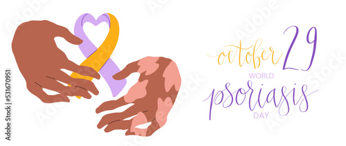 World Psoriasis Day October 29 handwritten lettering. Purple and orange support ribbon. Web banner vector template