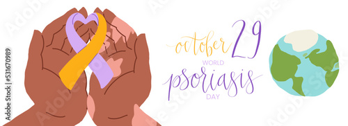 World Psoriasis Day October 29 handwritten lettering. Purple and orange support ribbon. Web banner vector template