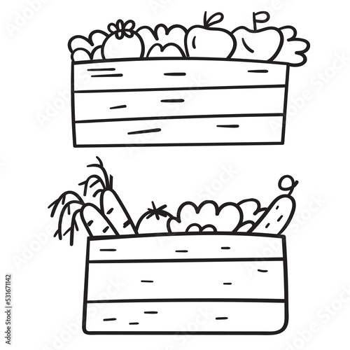 Outline icons. Wooden boxes with vegetables and fruits. Healthy eating. Vector hand drawn illustrations on white background.