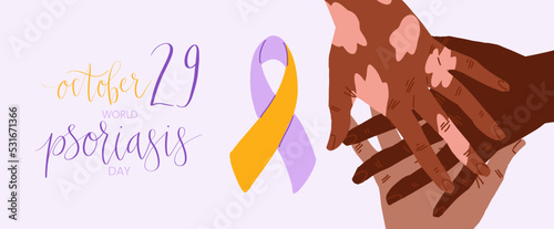 World Psoriasis Day October 29 handwritten lettering. Purple and orange support ribbon. Web banner vector template