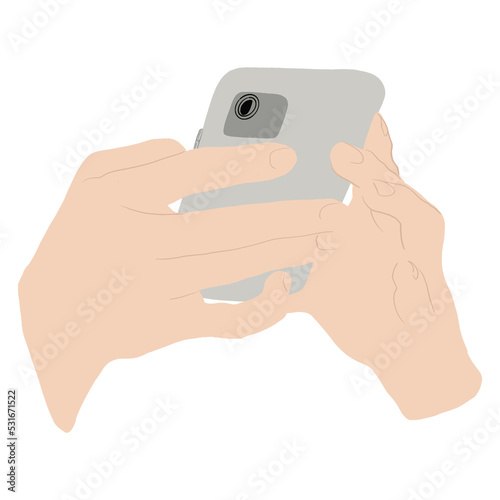 Hand holding phone and shoot video or take pictures. Flat illustration isolated on white background