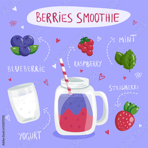 Berry smoothie recipe. Recipe for detox smoothie. Dietary cocktail of vegetables and fruits. Delicious drink is healthy. Illustration for restaurants, bars, menu. Vector illustration.